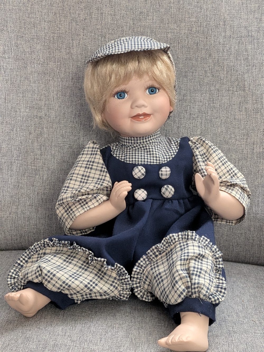 Blue & Cream Plaid porcelain baby doll